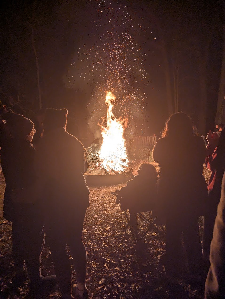 A picture of a bonfire, at night.