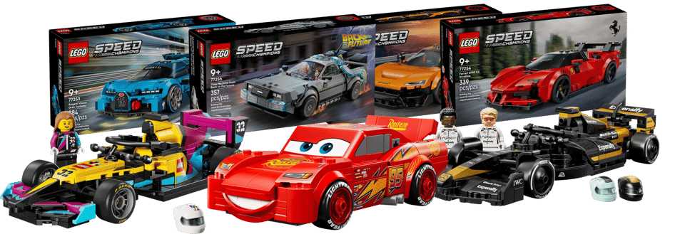 New lego speed champions including F1 Academy, Bugatti Vision Gran Turismo, Lightning McQueen, DeLorean, McLaren, Ferrari, APXGP F1 car