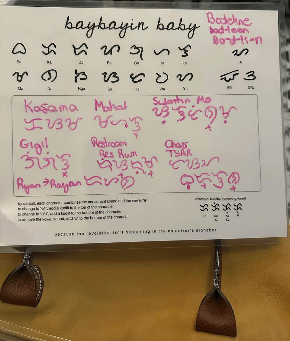 This picture is from a baybayin workshop I went to hosted by Kat Daaca. I learned how to write/translate some words and even my name in an indigenous language system.