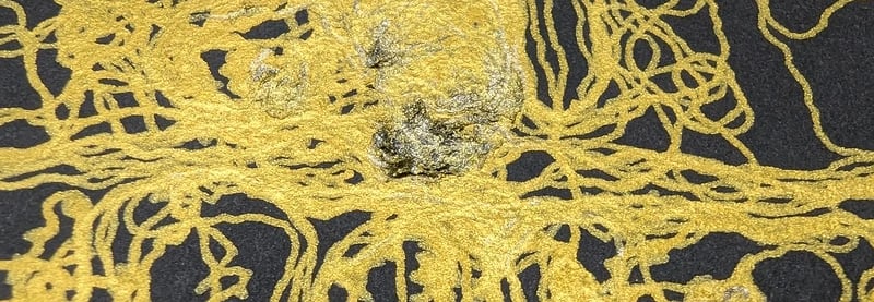 A close up of the last gold-on-black pen plot, showing a plotting defect caused by excessive drawing on a small area.