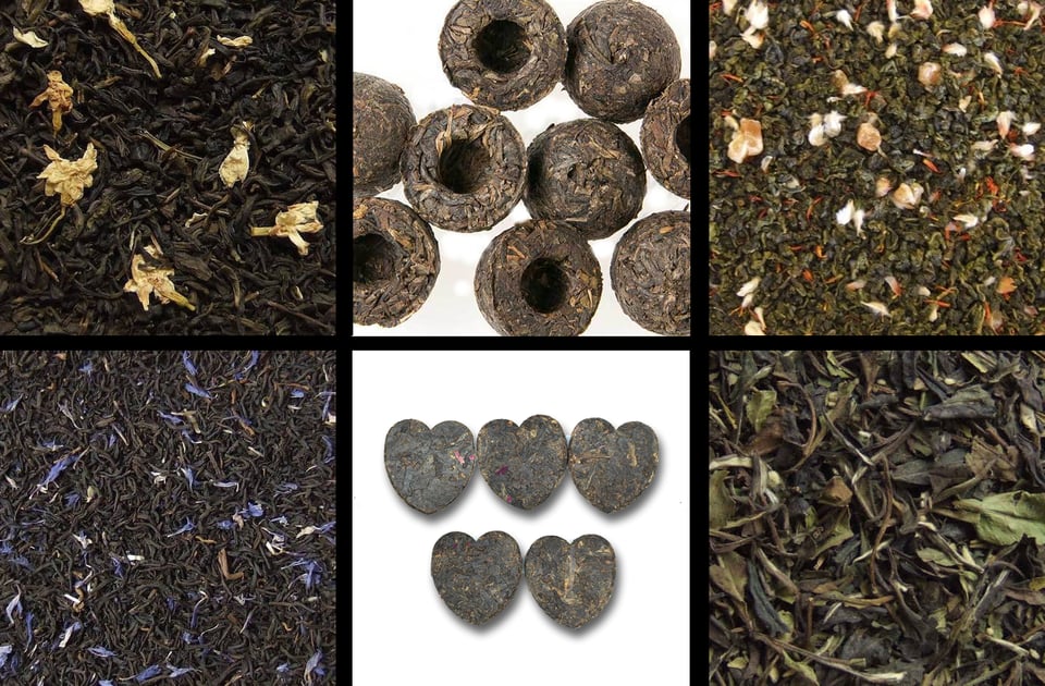 triptych of Decaf Jasmine Green leaves, Mini Puer Tuochas, and Watermelon Oolong leaves above a triptych of Decaf Earl Grey black tea leaves, Dark Rose Hearts, and Pomegranate Madagascar white tea leaves