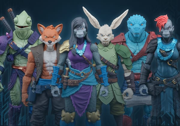 A collection of animal-people action figures, dressed in fantasy/post apocalyptic clothing. There's a chameleon man, a cyborg fox man, an ape woman, a rabbit man, a crocodile man, and another ape woman, this one with a red mohawk.