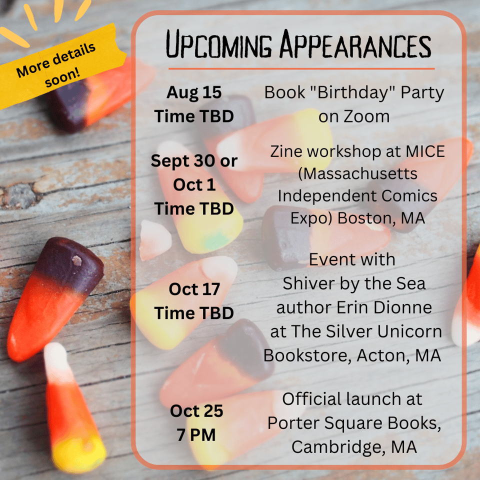 List of upcoming appearances overlayed on top of dropped candy corn kernels, laying on a wooden surface