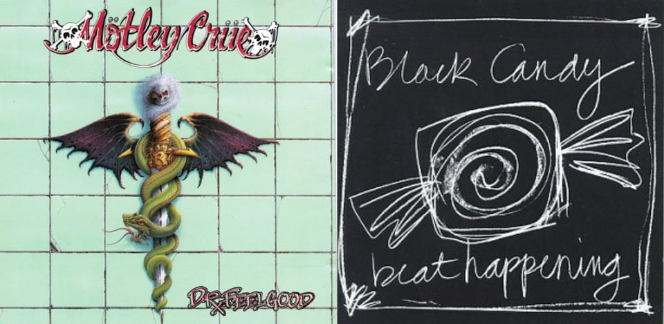 First pic: A green tile background, suggesting a hospital or perhaps bathroom. Some of the tiles are chipped. In front of this is a combination of caduceus and Rod of Asclepius, with one snake, one stick, and two wings. However, instead of an anodyne snake and stick, the snake is green and threatening, the wings are black bat wings, and the stick is a sword with a red-eyed skull on the hilt. Second pic: A blackboard. In chalk, "Black Candy" is written on the top and "beat happening" on the bottom. In the middle is a loose sketch of a square piece of candy in a wrapper. It has a sprial shape in the middle of it.