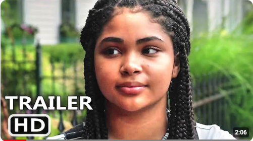 Screenshot of YouTube thumbnail for the Hauntology film trailer. It shows a young black woman looking to her right while standing in a leafy suburb.