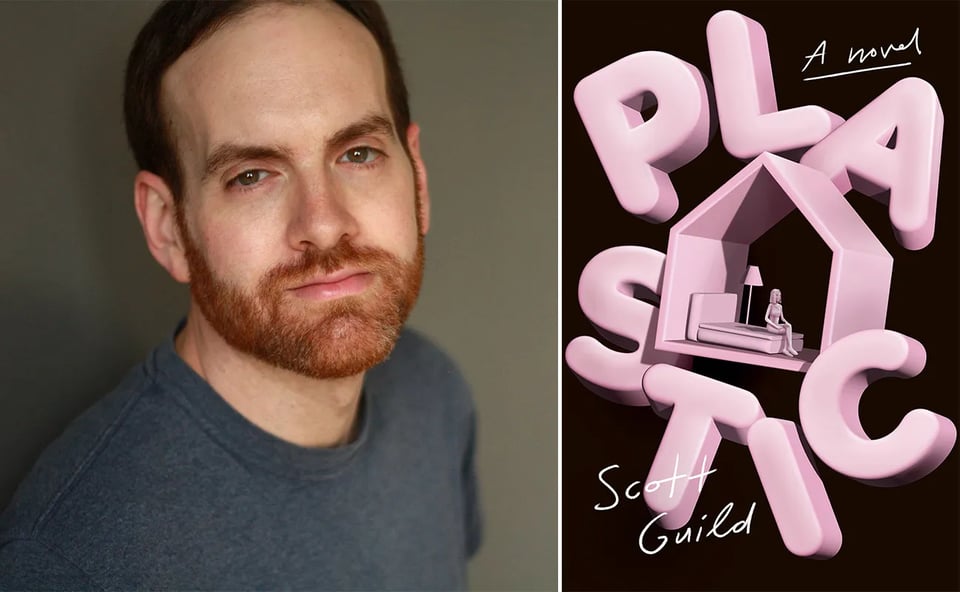 Two images: left, a photo of author Scott Guild, in a grey t-shirt; right, the cover of Scott’s novel, PLASTIC
