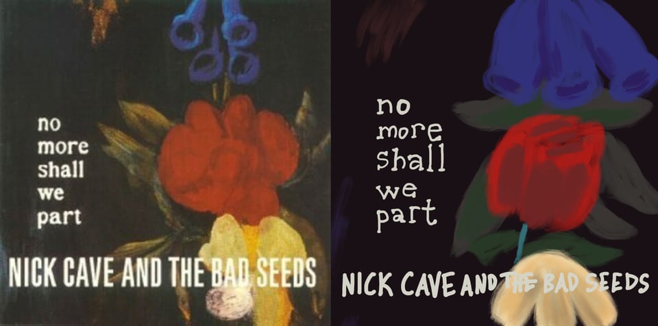 A painting of a red flower, probably a rose, with a yellow flower underneath it and above it, a bluebell flower. The background is black. The  painting is a bit amateurish.