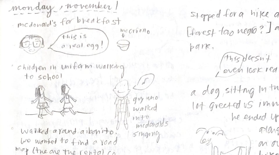 Sketches and notes describe a day in November 2010, featuring a McDonald's breakfast with a "real egg," children walking in school uniforms, a singing man, and a friendly dog.