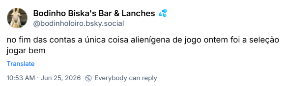 Post de ‪Bodinho Biska's Bar & Lanches 💦‬ (‪@bodinholoiro.bsky.social‬): no fim das contas a única coisa alienígena de jogo ontem foi a seleção jogar bem