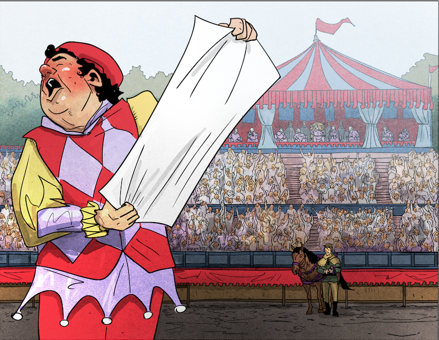 a herald or jester reading from a scroll at a jousting tournament with an audience waiting in the background, as well as a horse and a squire