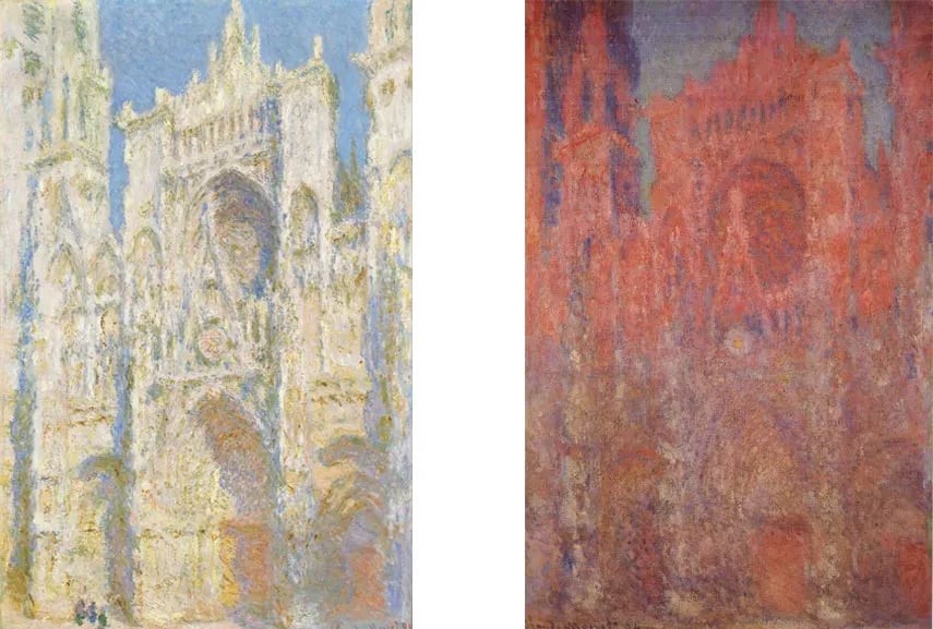 ROUEN CATHEDRAL, WEST FACADE by Claude Monet. These are two of a series of light studies he painted over a span of years, facing the same part of the same cathedral and painting it under different lighting. The left here is light, almost like a holy apparition. The right is muddy and almost sepulchral, despite being the same exact thing being depicted.