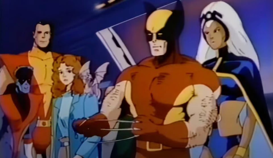 a shot from "Pryde of the X-Men", a short lived cartoon, featuring a few X-Men standing behind Wolverine