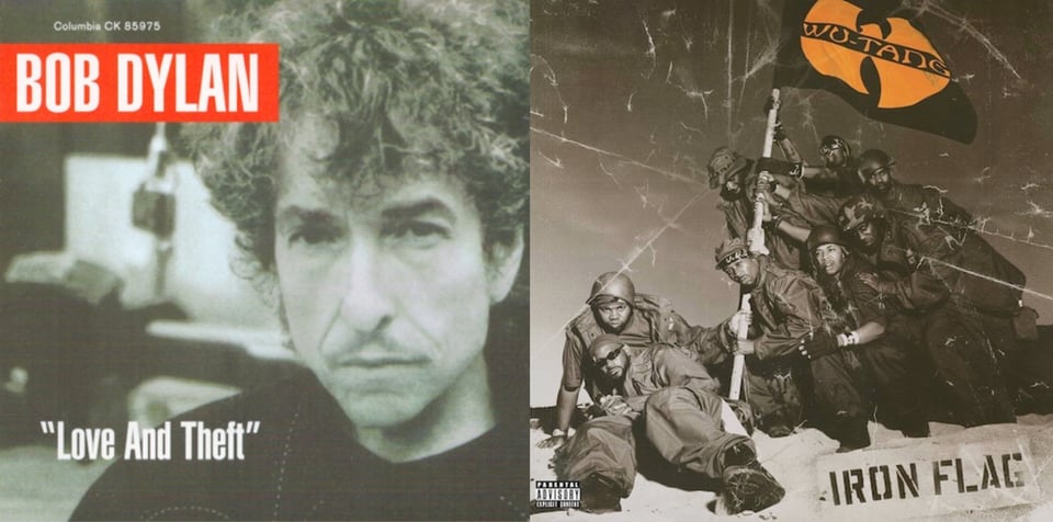 First pic: A black and white close up photo of Bob Dylan, a middle-aged white man with messy, bushy brown hair, a long thin face, and a thin mustache. He looks a bit like Vincent Price. Behind him is a mic and other paraphenalia of a recording studio. Second pic: A distressed, black and white photo of the Wu-Tang Clan, eight Black men in military-style outfits. They are in the midst of planting a flag that has the Wu-Tang Clan logo (which is in color, orange and black). I'm pretty sure the idea is to reference the famous photo of soldiers raising the flag at Iwo Jima.