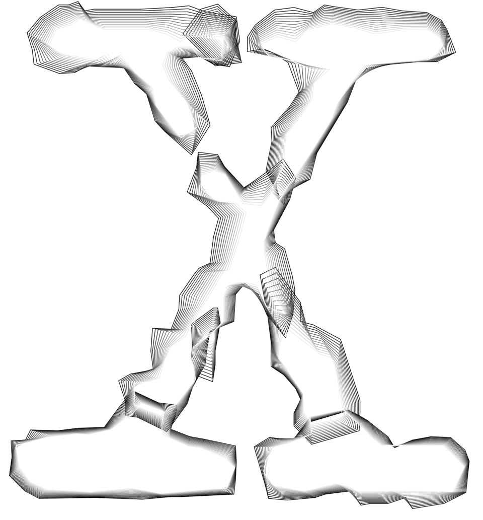 Stacked, interpolating outlines of the latin capital letter X from LTR NCND.
