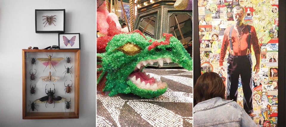 3 images: left, several wall-mounted boxes displaying beetles ad butterflies; center a lizard-monster head made out of crystals as part of a carousel; right, the painting A Doorway To Joe by Joe Coleman, with a viewer in the foreground