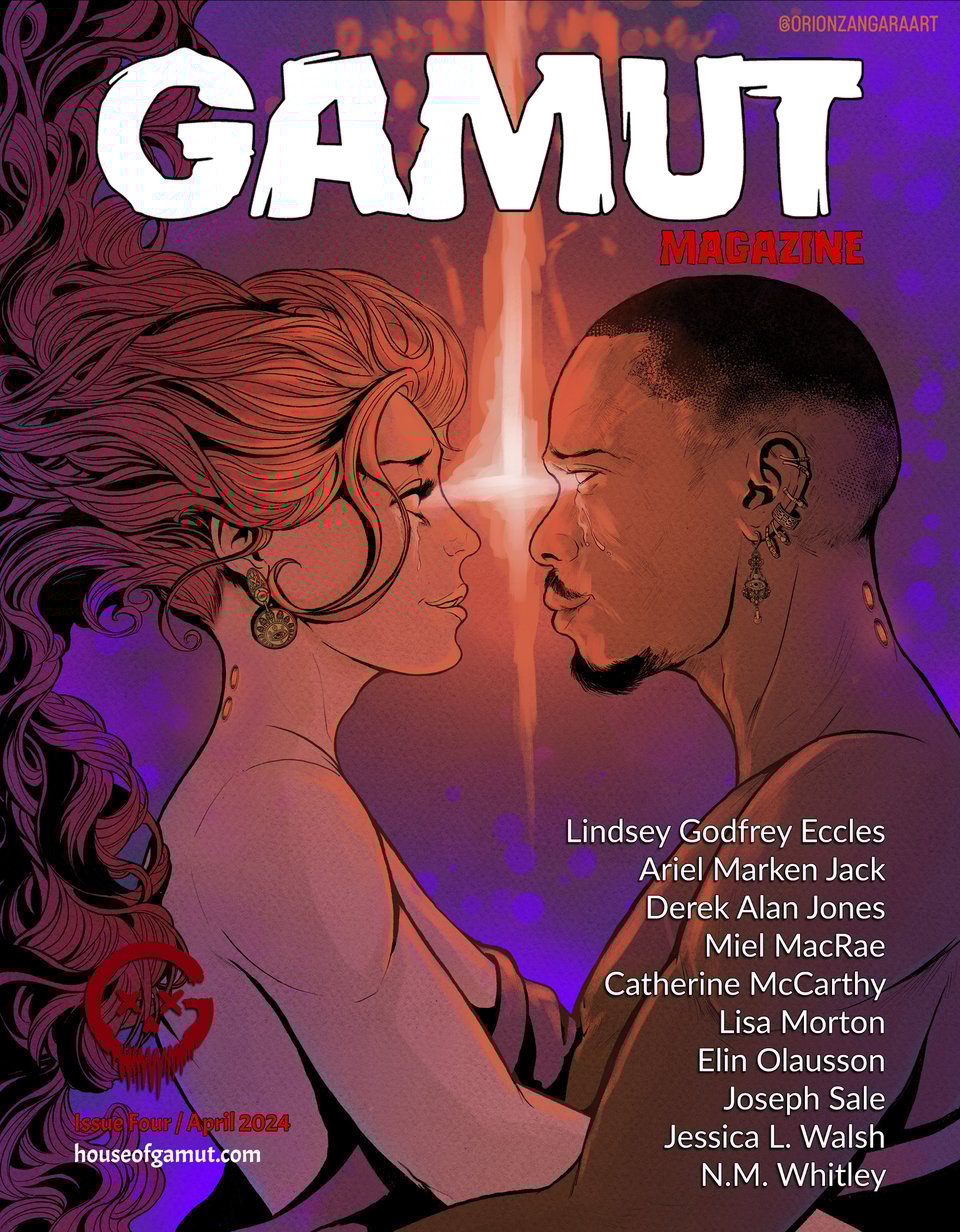 The cover of Gamut issue 4. It depicts an attractive couple facing each other in profile over a swirling purple background. Beams of light are shooting between their eyes