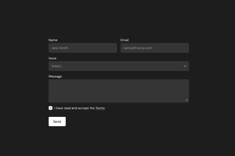 A form with a name, email, issue, and message field with a checkbox and send button