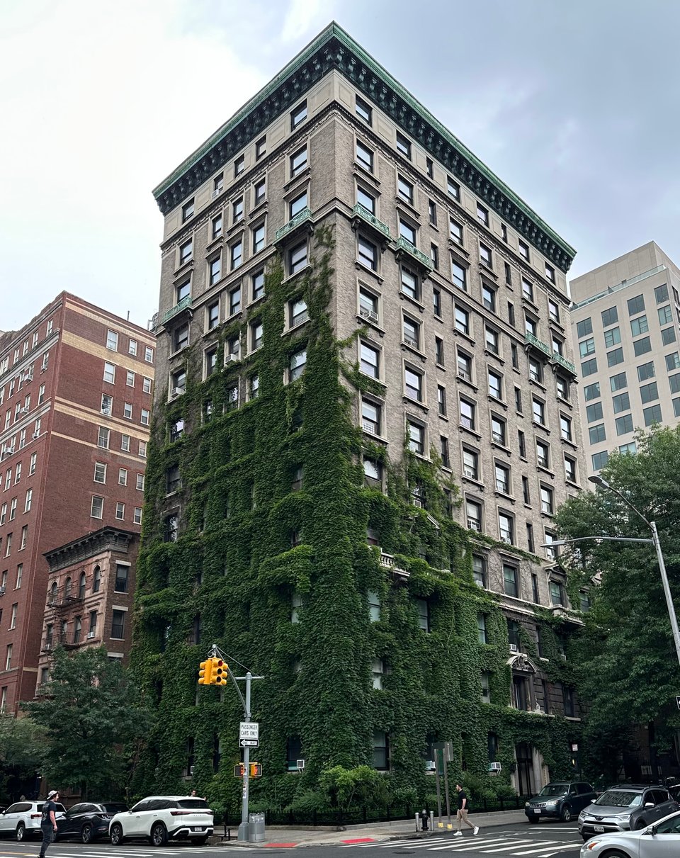 photo of an old, 12-story apartment building on the Upper West Side of NYC, in which ivy is climbing up the western face of the building, 8 stories high; there's more ivy on the southern face, about 5 stories high.