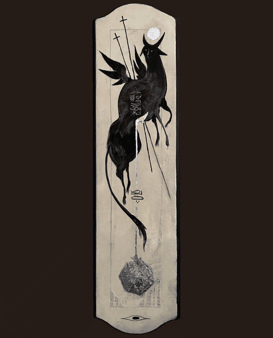 A five-legged, horned, winged beast flies upward, glancing back at their body impaled by two crosses. Their blood runs silver and gold down the composition, filling a heptagonal shape at the bottom. Collage is scattered around the heptagon, and text in Wormrōte reads 'I was once a wild beast, brought low'.