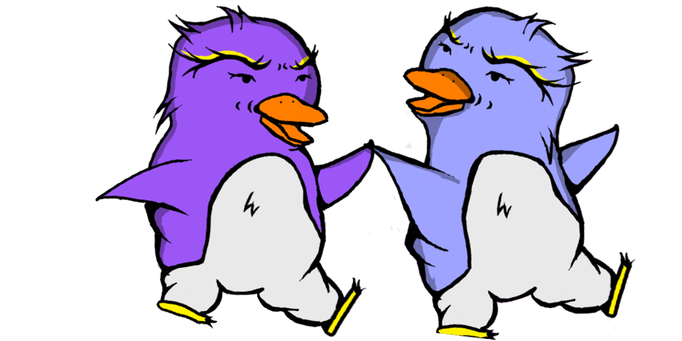 Mac and Adele the purple penguins holding hands and frolicking