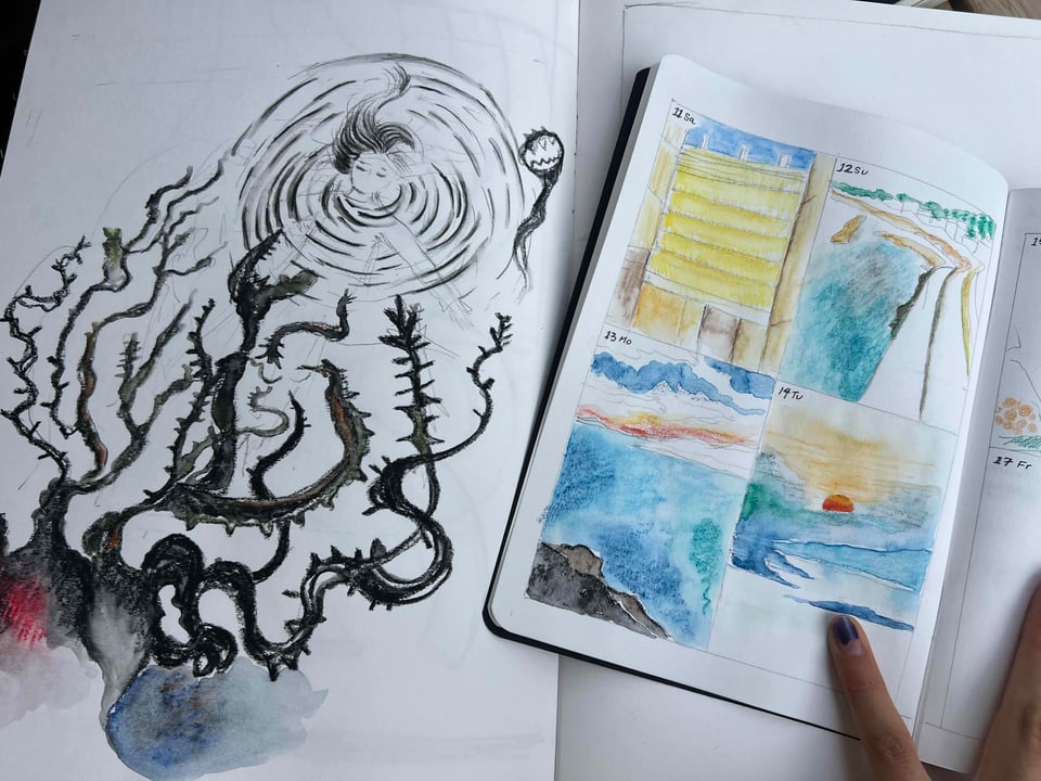 two side by side sketchbook pages -- one of woman sinking into black water with monster underneath, the other of seaviews of marseille