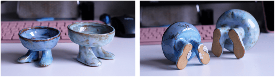 A collage of 2 photos: two blue footed bowls standing side by side; and the same two bowls, laying on their sides, revealing the glaze that had melted off the feet of one
