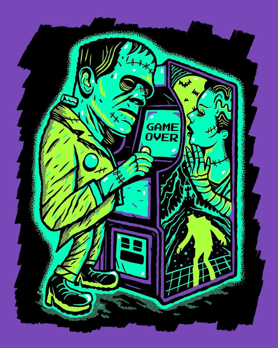 An illustration of Frankenstein putting a coin into an arcade game cabinet