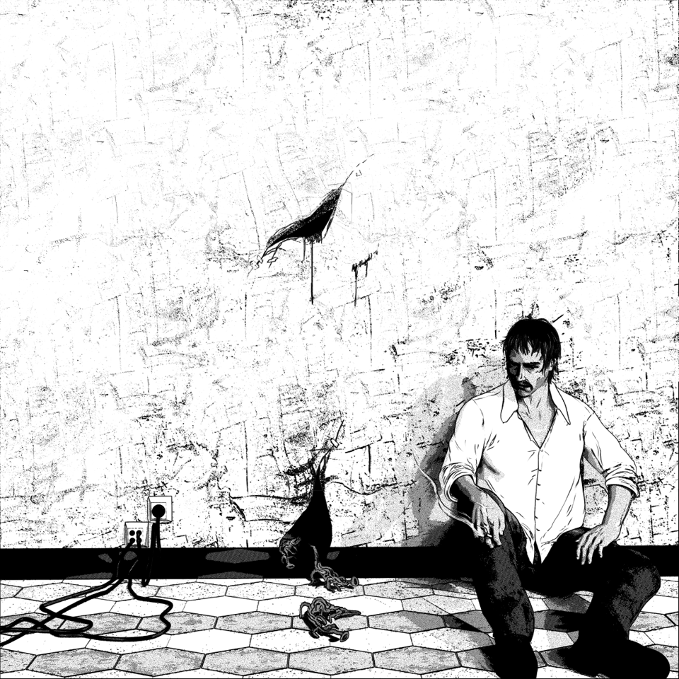 man sitting against wall with leeches coming from hole in the wall