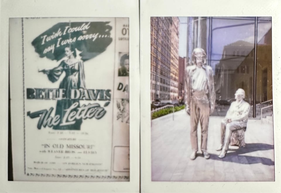 two Instax photos: left, an add for Bette Davis in The Letter; right, a plaza in NYC with two shiny statues of two men, one standing, the other seated
