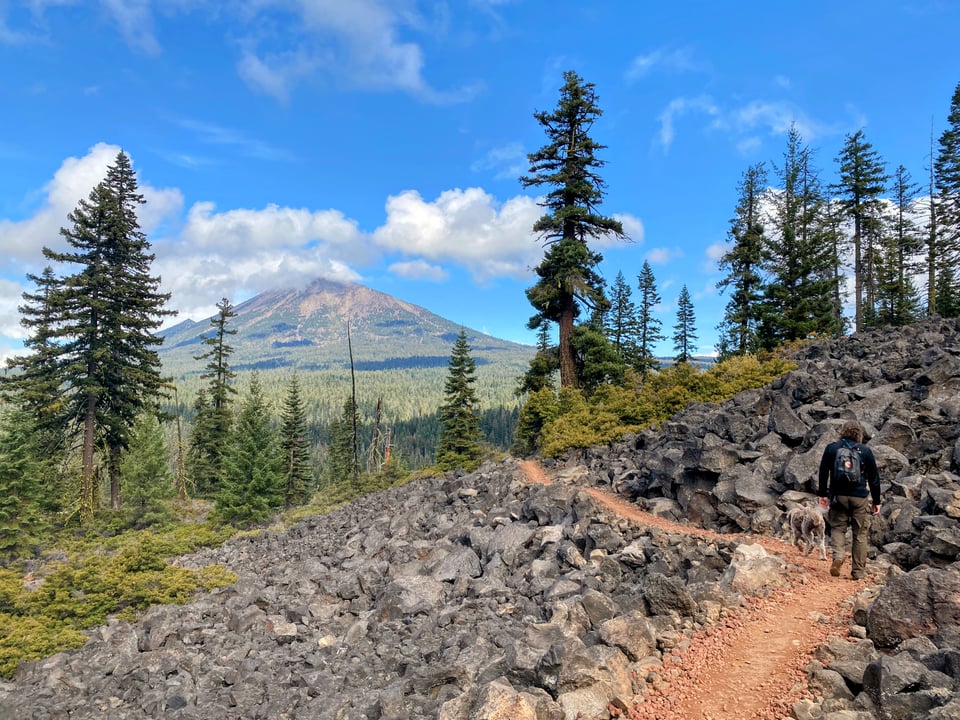 Brown Mountain Lava Flow, with lava rocks and fir trees, in front of Mount McLoughlin in Southern Oregon