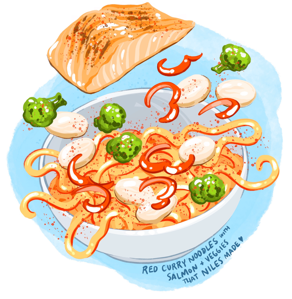 A brightly colored drawing of a bowl of noodles and vegetables and a salmon filet