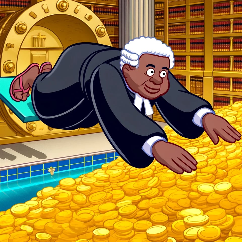 Cartoon of Clarence Thomas diving into a pool full of gold coins a la Scrooge McDuck