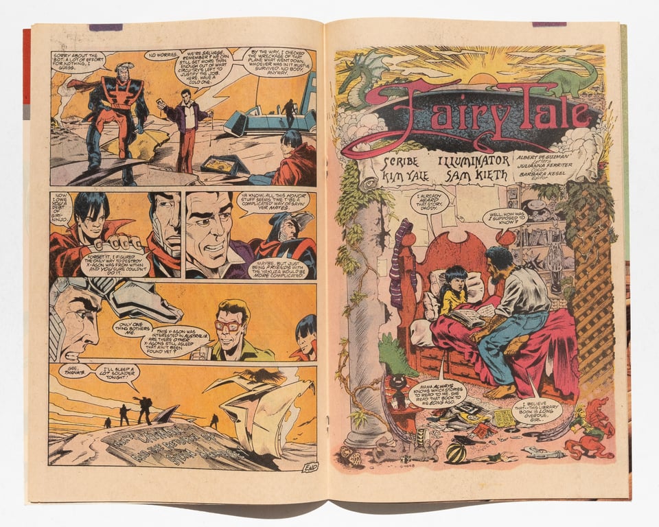 spread from Manhunter. the left page is the conclusion of a story illustrated by Doug Rice. The right page is the title page of a backup illustrated by Sam Keith