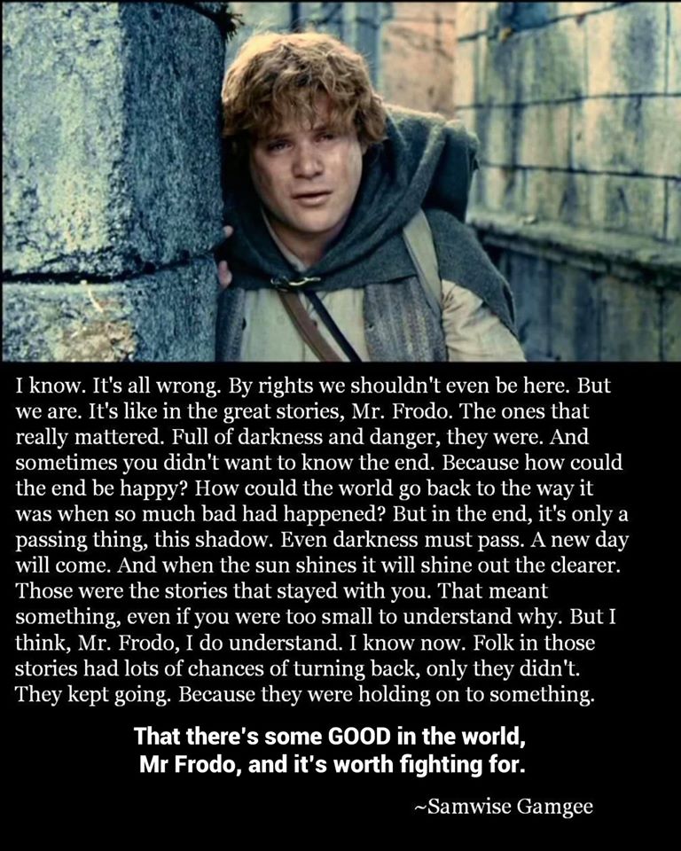 still of Sam Gamgee from LotR, with quote: I know. It's all wrong. By rights we shouldn't even be here. But we are. It's like in the great stories. Mr. Frodo. The ones that really mattered. Full of darkness and danger, they were. And sometimes you didn't want to know the end. Because how could the end be happy? How could the world go back to the way it was when so much bad had happened? But in the end, it's only a passing thing, this shadow. Even darkness must pass. A new day will come. And when the sun shines it'll shine out the clearer. Those were the stories that stayed with you. That meant something, even if you were too small to understand why. But I think, Mr. Frodo, I do understand. I know now. Folk in those stories had lots of chances of turning back, only they didn't. They kept going. Because they were holding onto something... That there's some good in this world, Mr. Frodo, and it's worth fighting for.