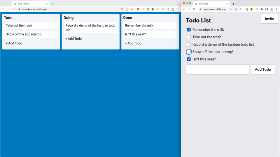 A kanban app and a todo list interoperating.