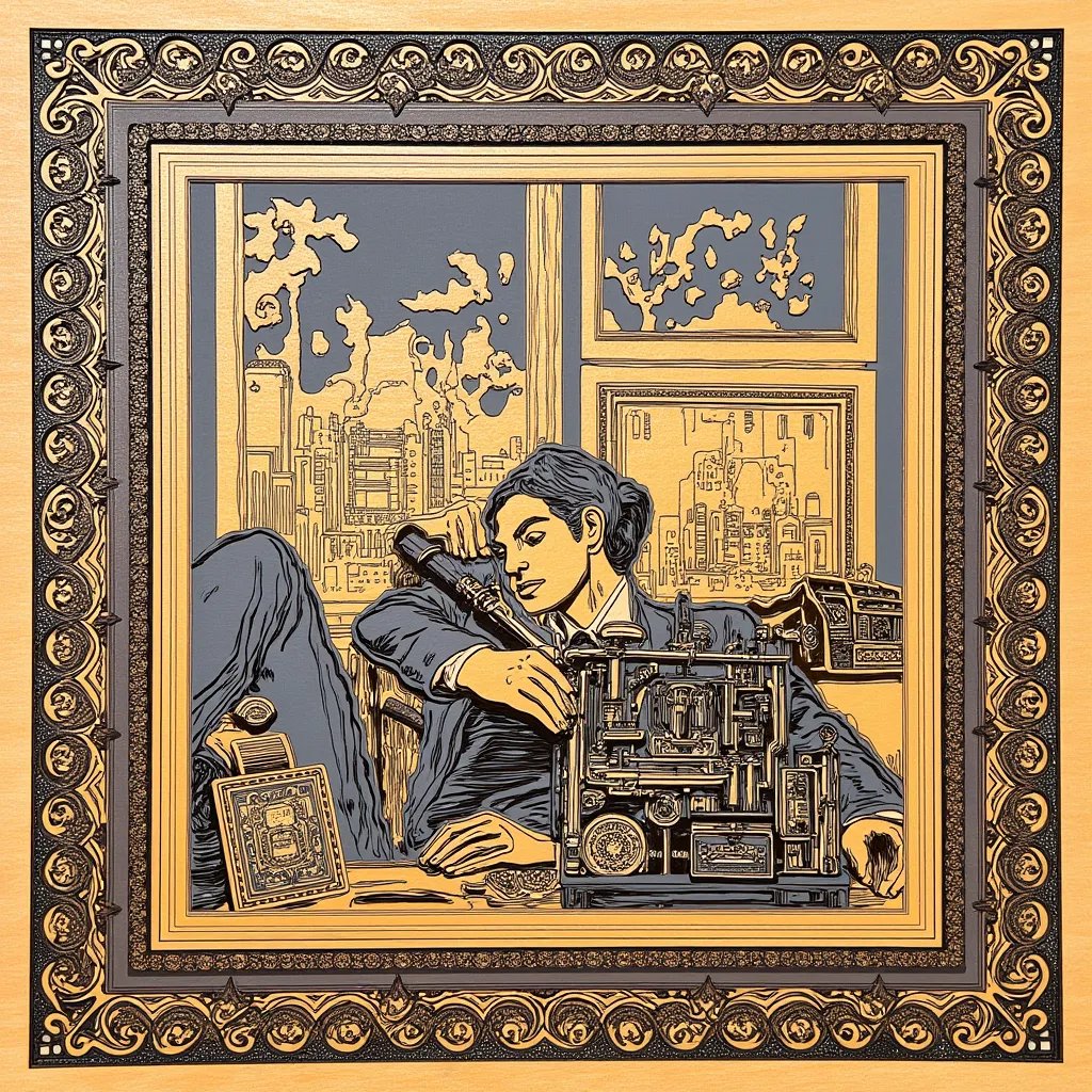 A man lovingly polishing a machine while the city burns outside