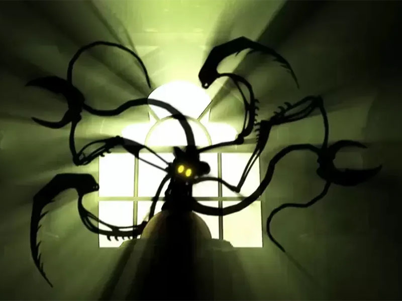 Shadowy figure with tentacle-like appendages coming out of its back