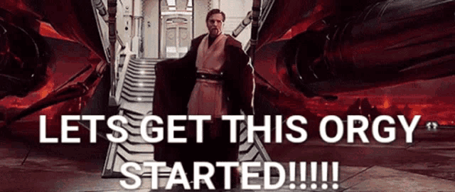 Gif mostra um homem de roupão com a legenda: Lets get this orgy started!!!!!