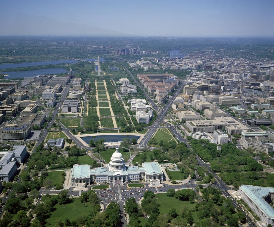 Aerial view from above the U.S. Capitol, looking west along the National Mall, Washington, D.C.