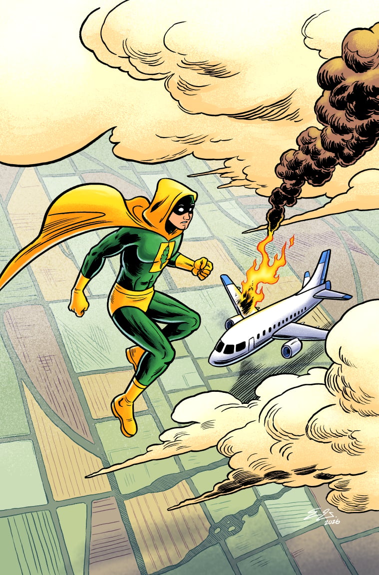 Cover artwork for Skybreaker #2, depicting the titular hero flying high above some farmland as a flaming plane is in danger of crashing
