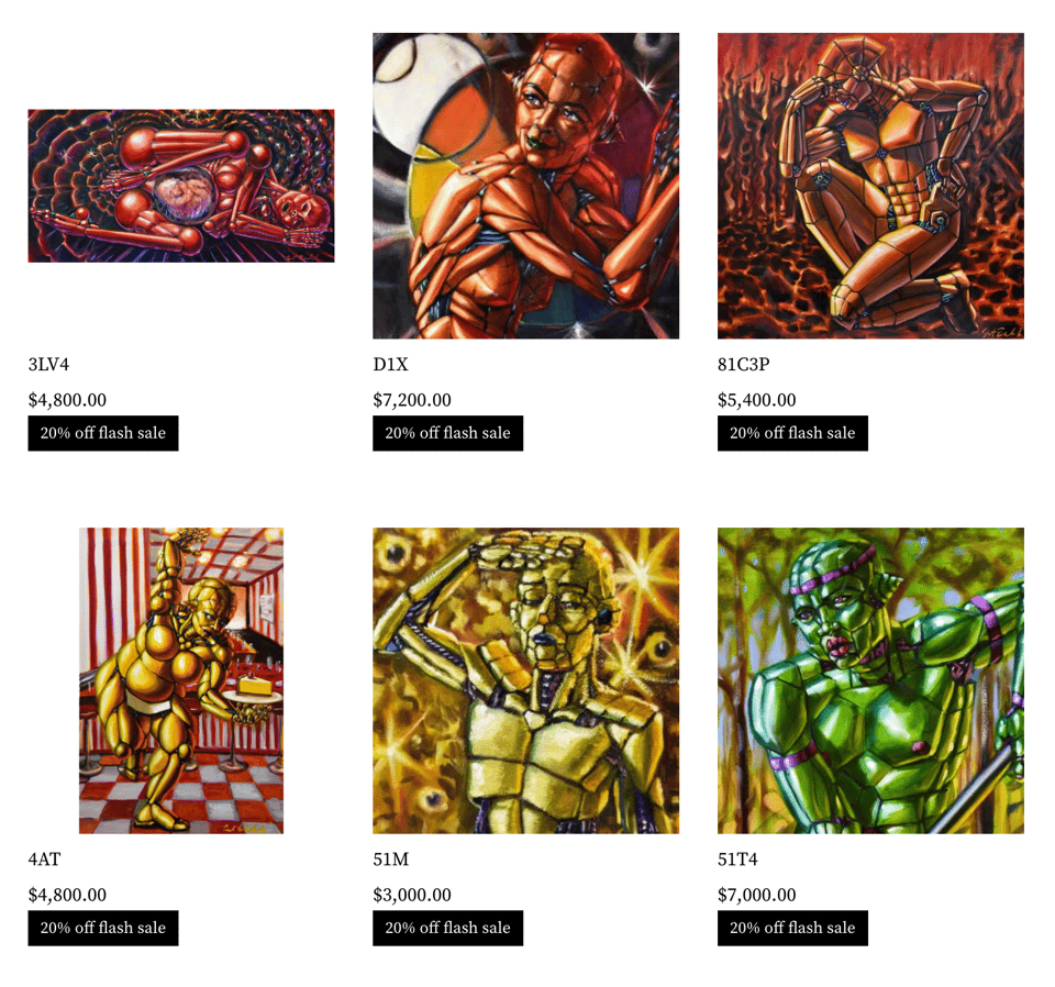 Screenshot of Janet Bruesselbach Art Shop showing thumbnails for originals of 6 Lunoid robot pinups, each priced in 4 digit range but with "20% flash sale" tags below them