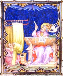 A manuscript illumination showing Gregory the Great writing and looking very inspired.