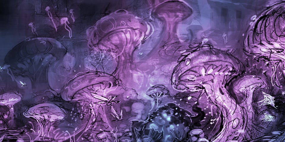 Sketch with blue and purple highlights of strange mushrooms growing in a dark cavern.