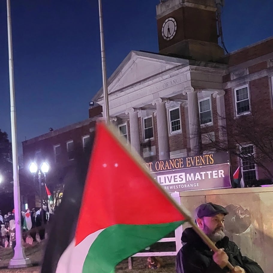 A man stands with a Palestinian flag in front of a Black Lives Matter sign. The photo accidentally captures the moment that the flag perfectly aligns with the sign, creating the message Palestinian Lives Matter.