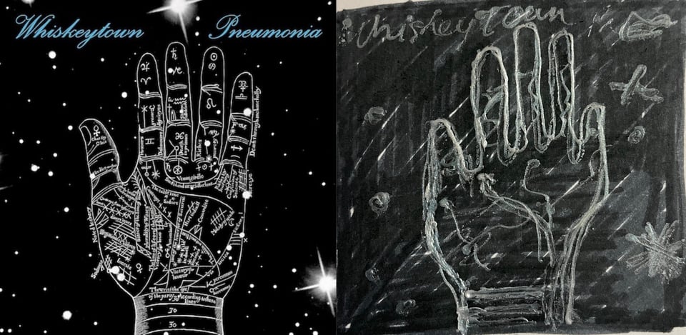 A diagram of a hand in white against a starry background. The hand has been divided up into many many segments with various occult symbols and writing all over the hand.