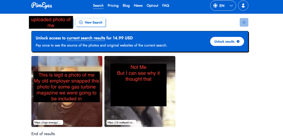 Results page of photo search of myself