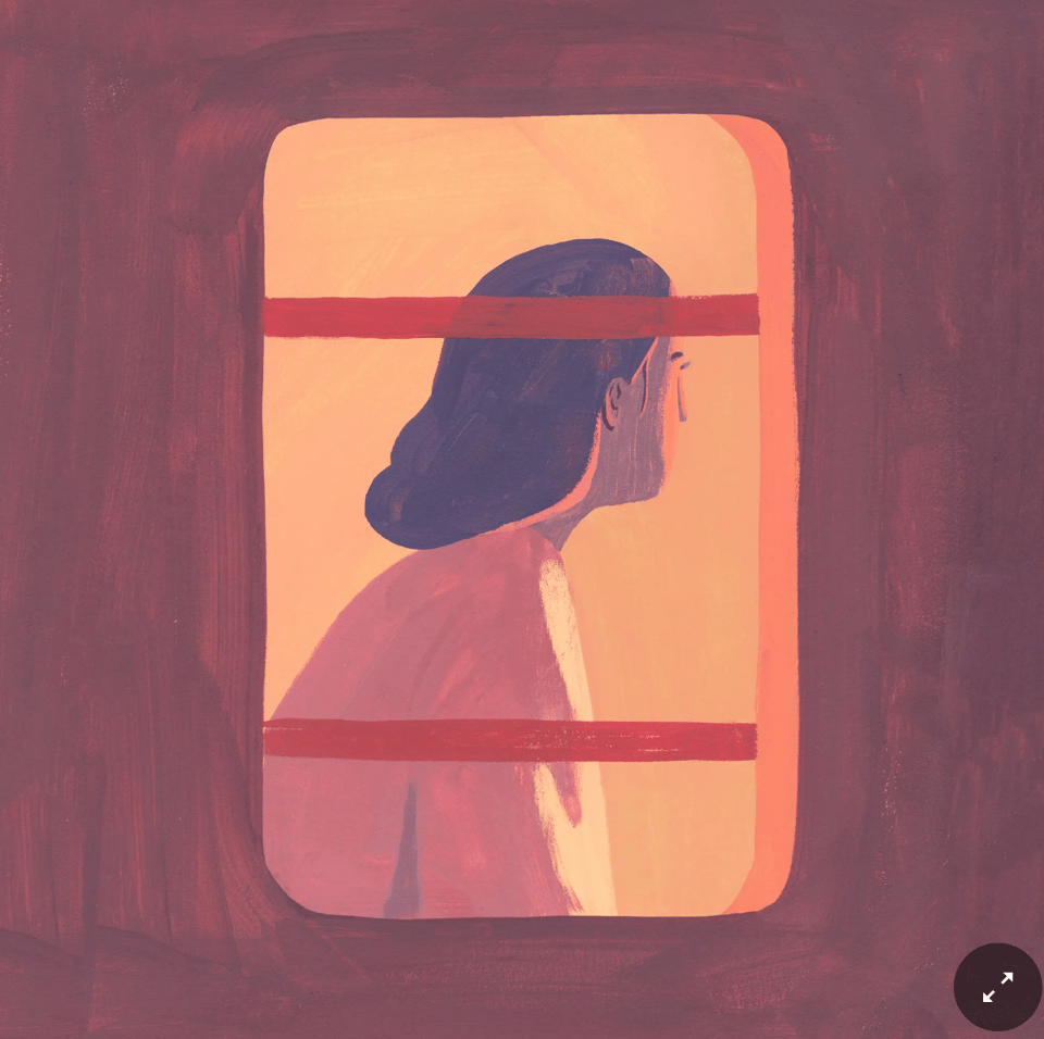 An illustration of a woman framed from outside a window