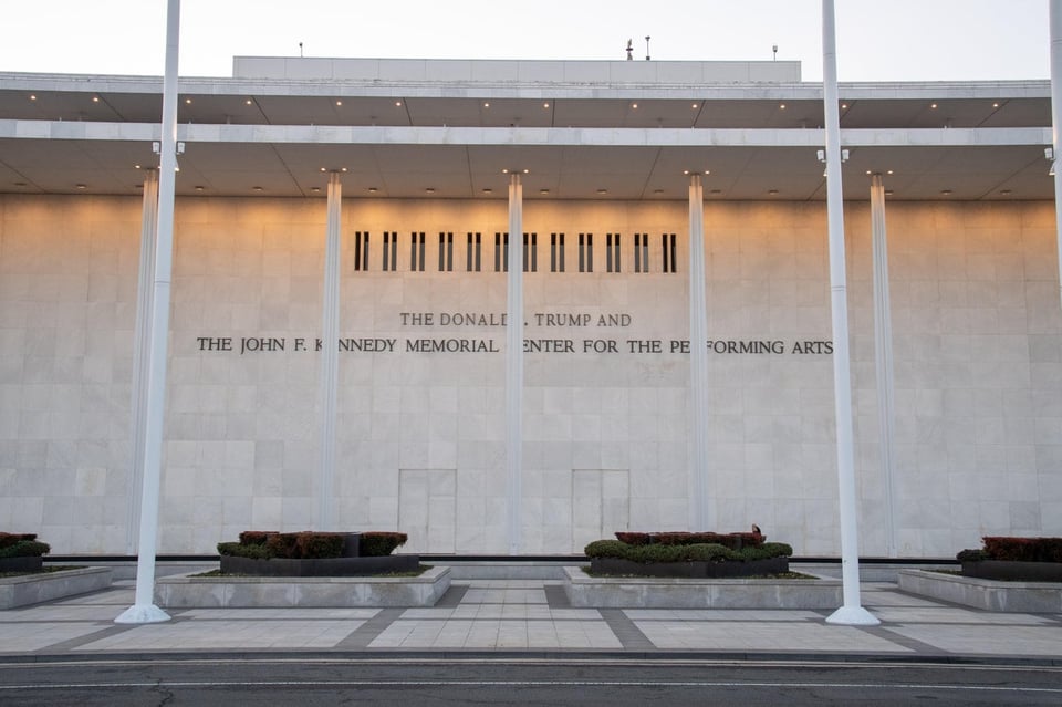 A general view of the facade of The Trump Kennedy Center on January 17, 2026, in Washington, DC.