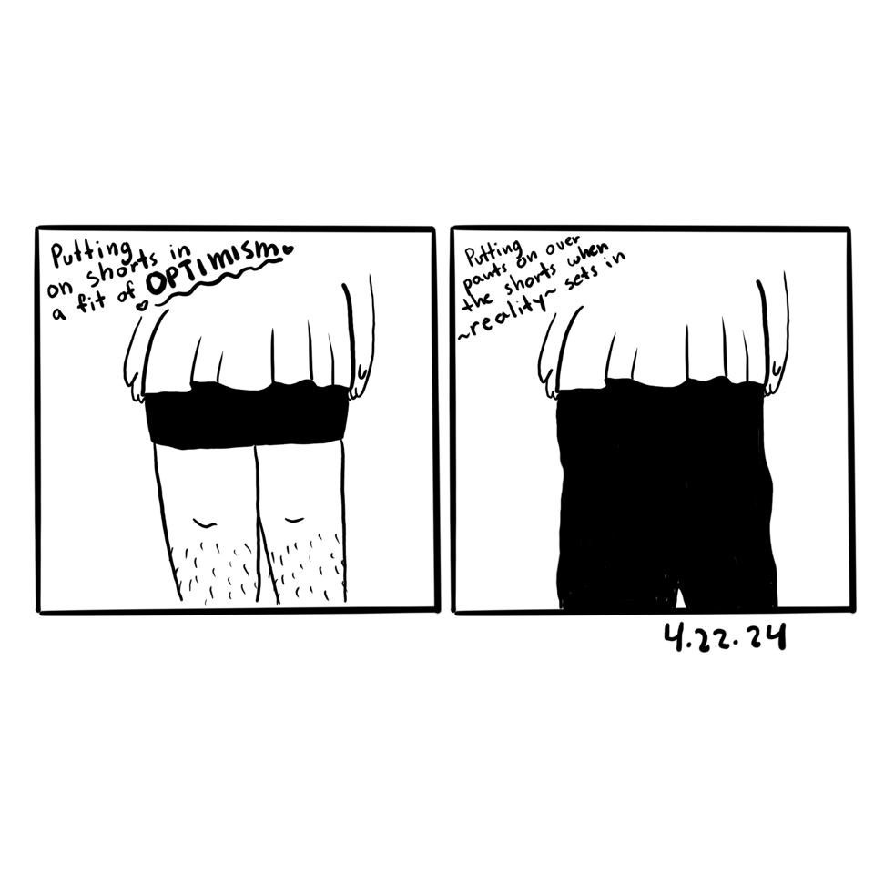 First panel shows my hairy legs in shows and says "Putting on shorts in a fit of OPTIMISM". Second panel shows my legs in pants and says "Putting pants on over the shorts when the reality sets in". 