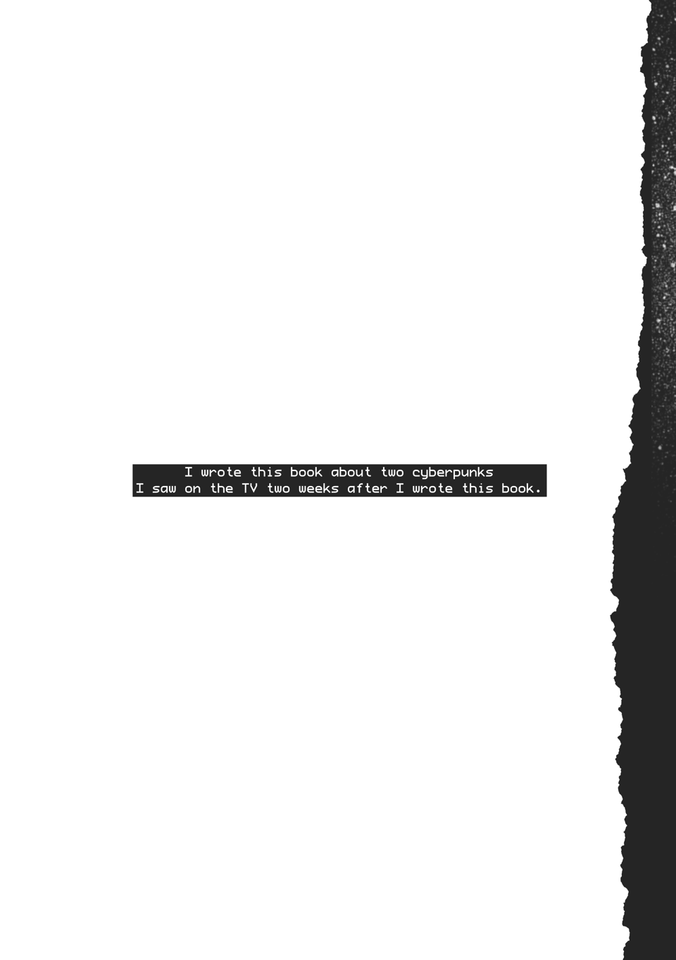 I wrote this book about two cyberpunks I saw on the TV two weeks after I wrote this book